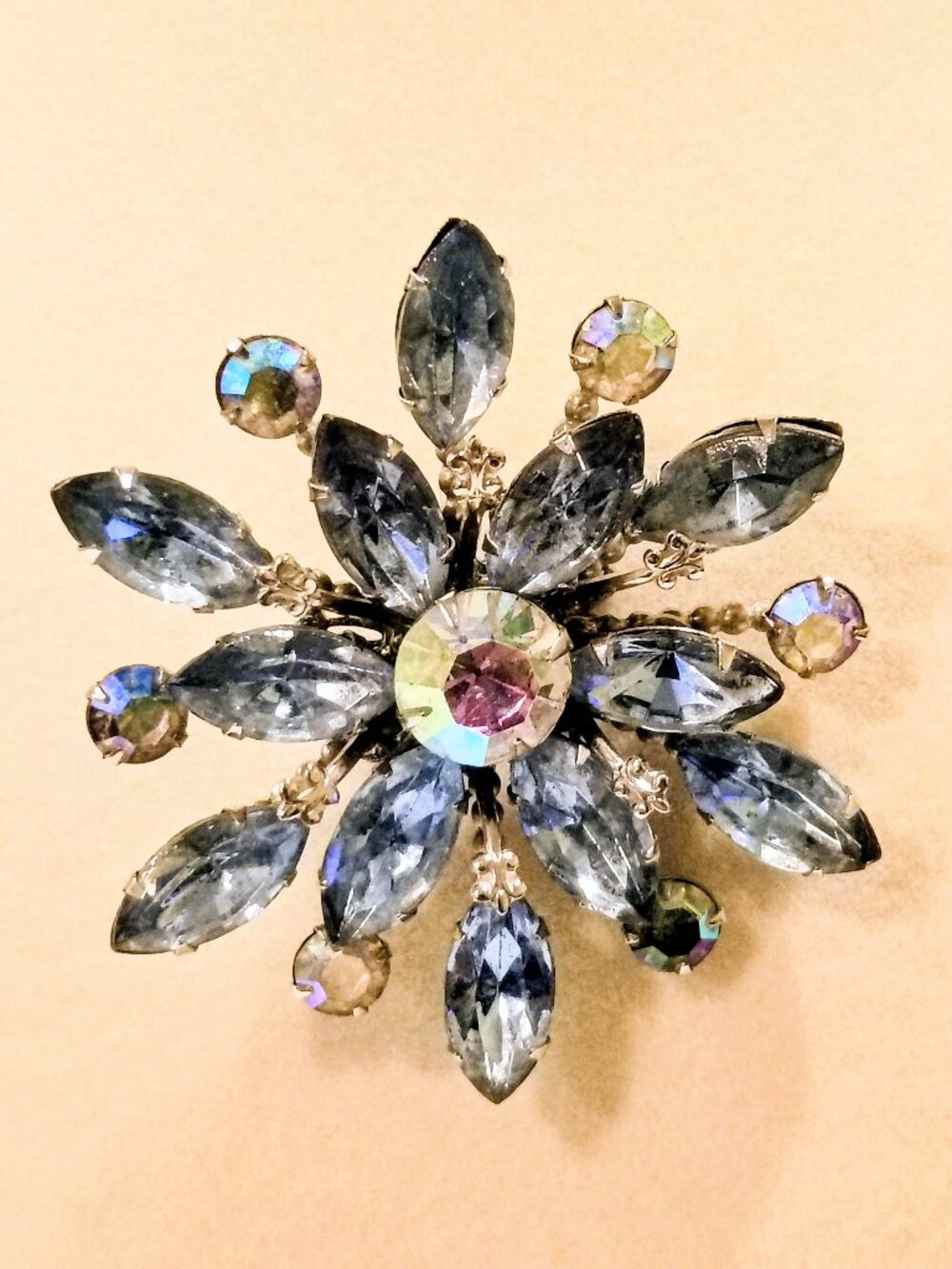 Vintage Blue Rhinestone AB Brooch Navettes Silvertone